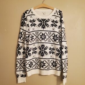 J.CREW Factory Black Cream Merino Wool‎ Blend Fair Isle Nordic Snowflake Sweater